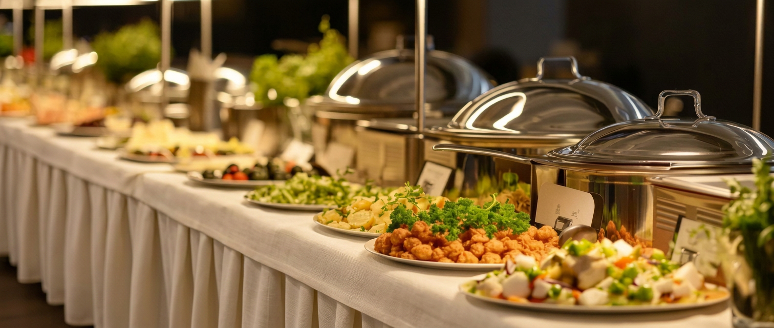 The international buffet laid out on linen