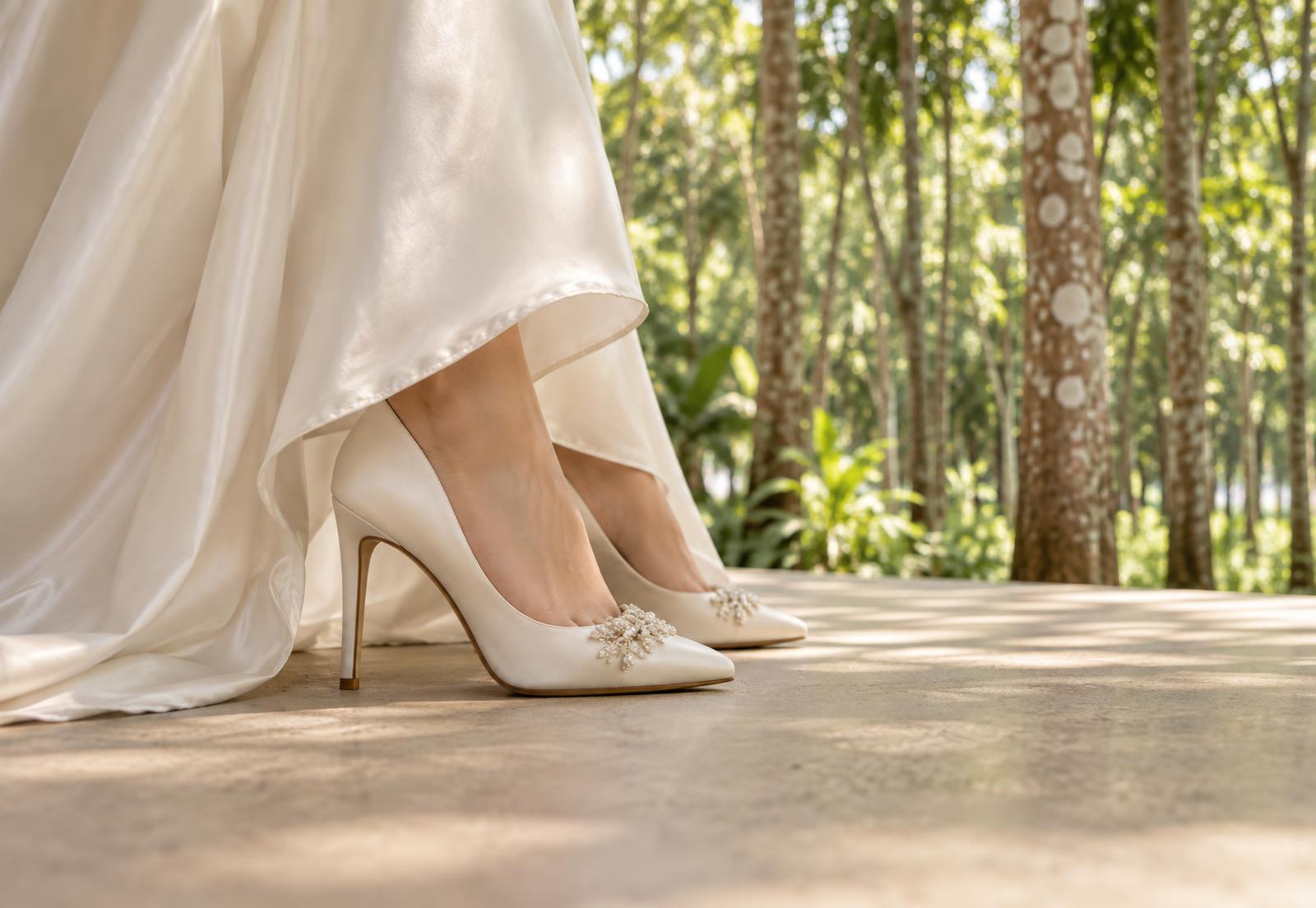 Bridal heels standing on the raised, solid concrete ceremony surface, trees behind