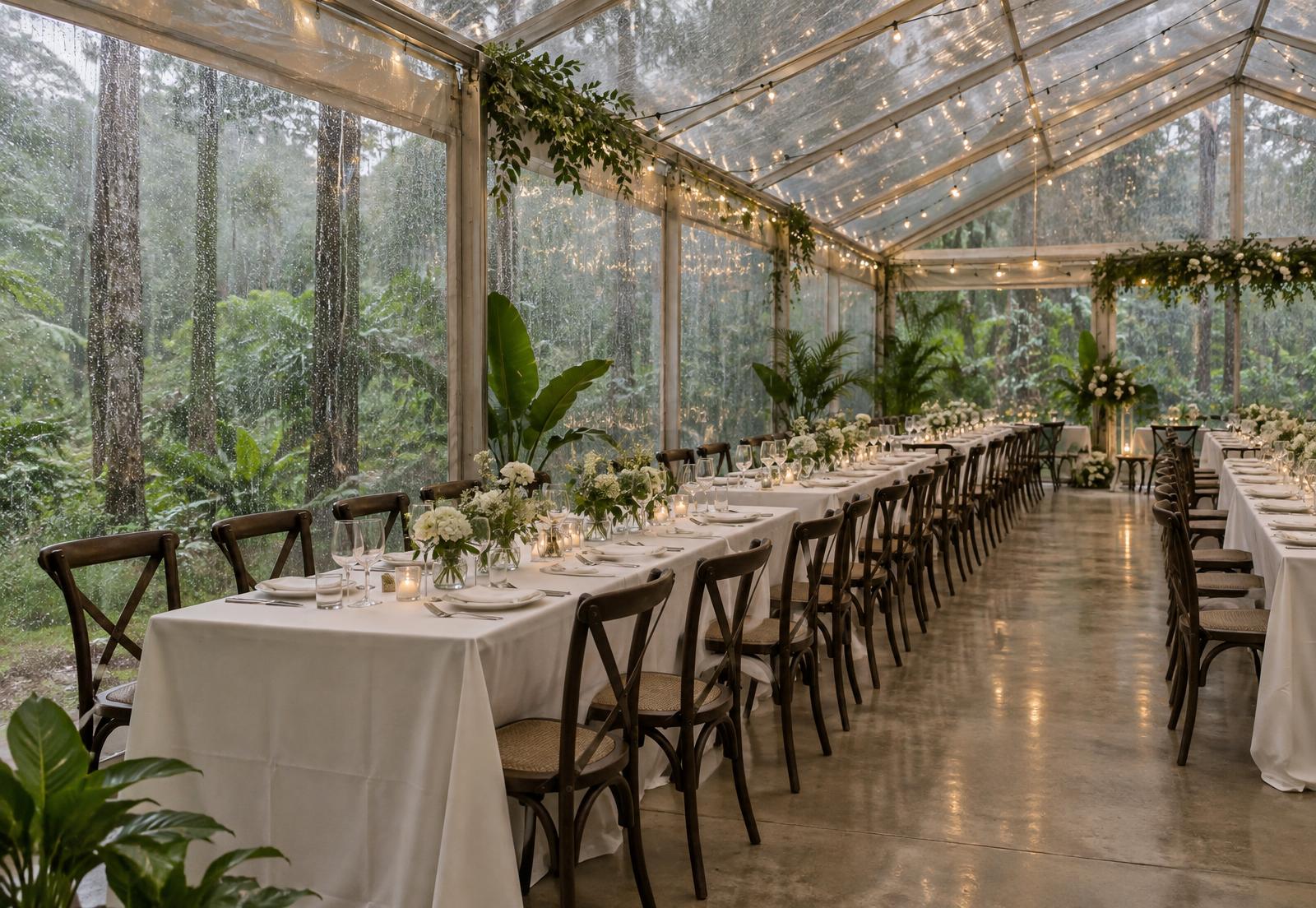 The marquee with its clear sides lowered during rain, guests dry inside