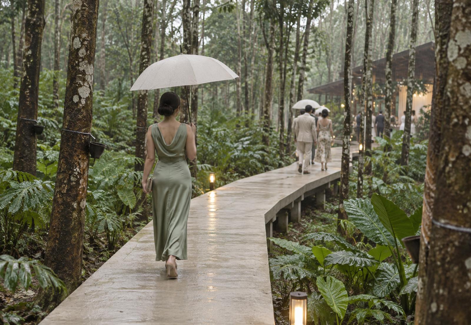 A guest with an umbrella on the raised concrete path through the rubber grove